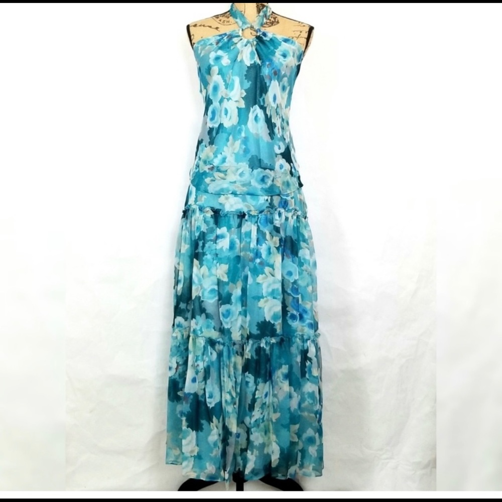 Floral Silk Halter Top Tiered Flared Skirt 2 Piece Set.
